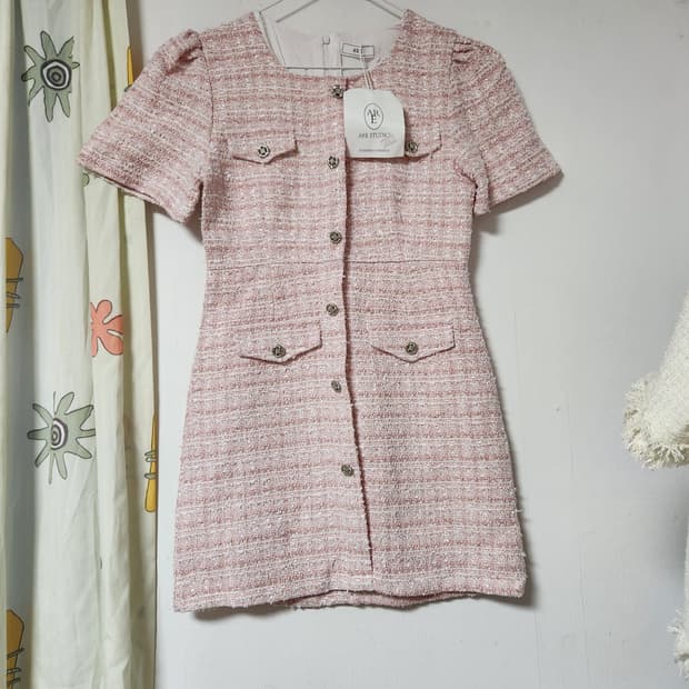 ARE STUDIO 핑크 트위드 반팔 미니 원피스