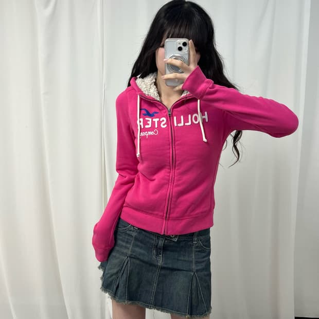 Hollister pink fleece hood zip-up
