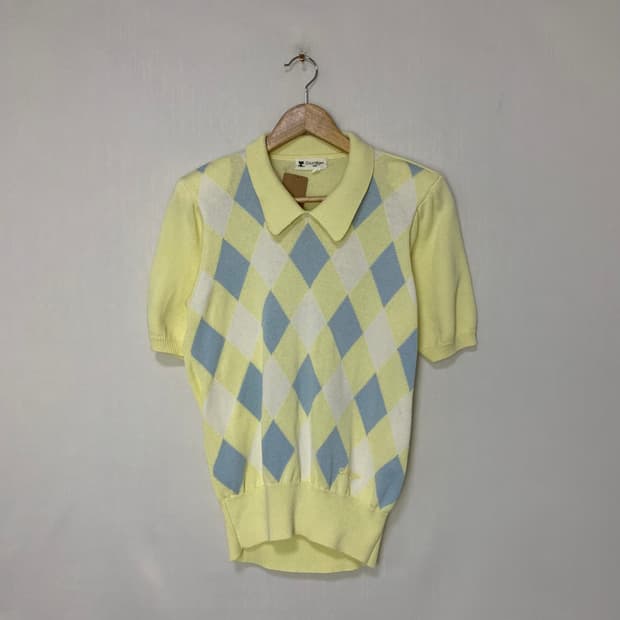 Courreges 꾸레쥬 빈티지 아가일 퍼프 반팔 니트 모리걸