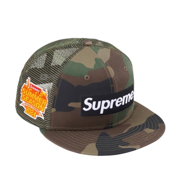 슈프림 뉴에라 박스로고 메쉬 백 스냅백 카모 우드랜드