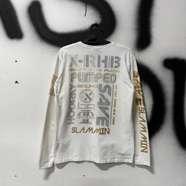 VTG 빈티지 브이넥 비즈 , 풀 프린팅 롱 슬리브 티셔츠