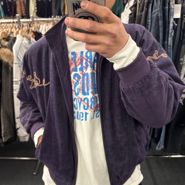 OS)Japanese vintage 퍼플 벨벳 빈티지 패턴 블루종 자켓