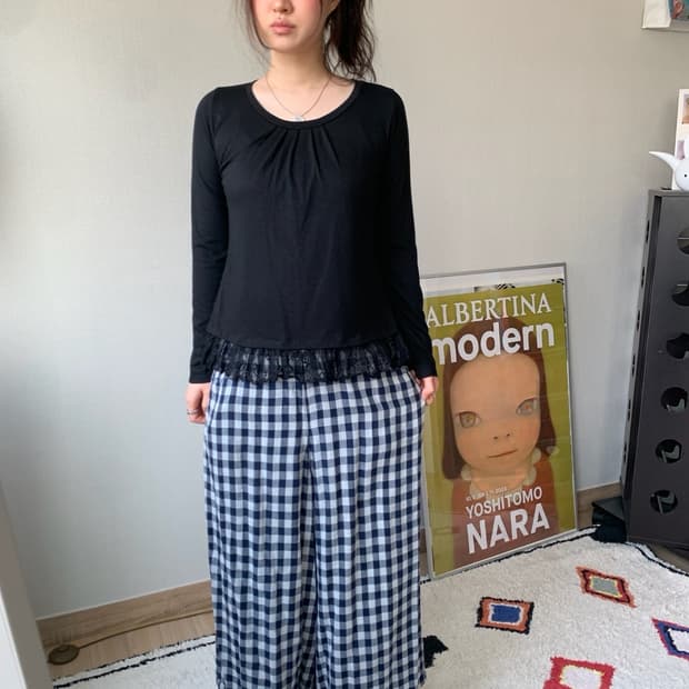 ethnic check gauze pants 