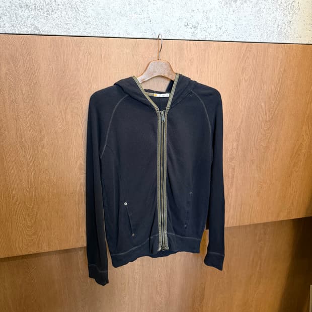 빈티지 롱슬리브 후드 집업 그린 배색 트리밍 디테일 블랙