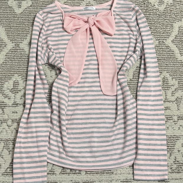 Colza 왕리본 핑크 스트라이프 롱슬리브 로걀탑 히메갸루 페어리