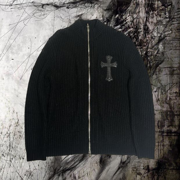 Cross patch Leather knit Zip up