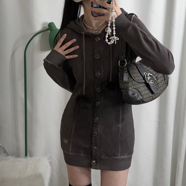 브라운 피그먼트 후드 가디건 원피스