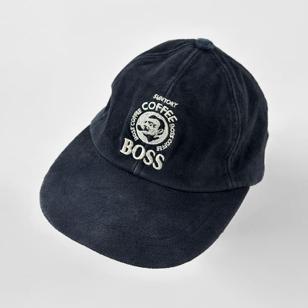 90s 빈티지 산토리 보스 커피 돈피 스웨이드 로고 모자
