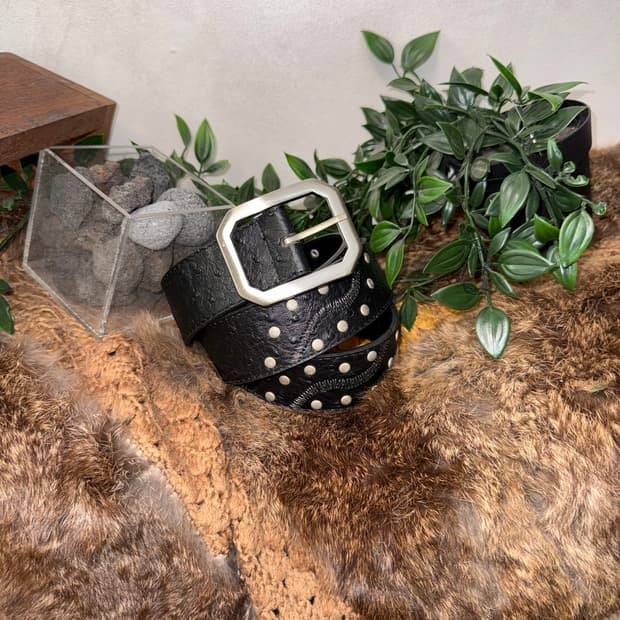 Black stud embroidered leather belt