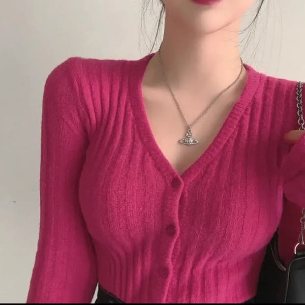핫핑크 니트 가디건