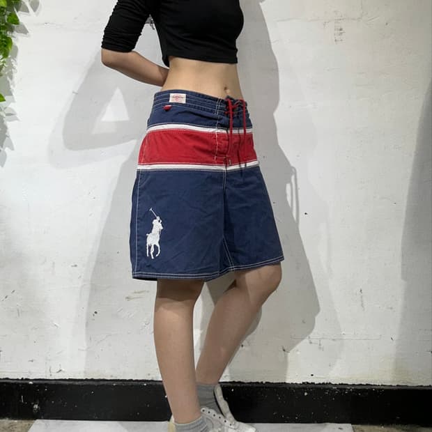 폴로 네이비 레드 라인 화이트 빅 포니 반바지 버뮤다 팬츠 XL