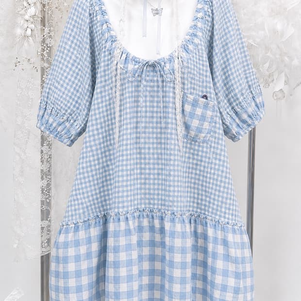 TSUMORI CHISATO 모리걸 소라 우유빛 스카이 깅엄 퍼프 원피스