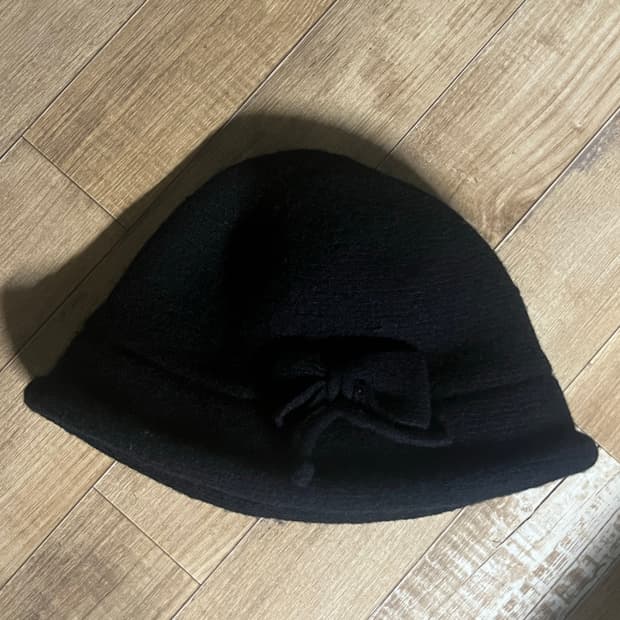 빈티지 검정 리본 울 버킷햇 모자