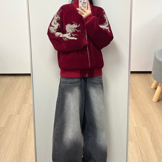 Japanese 버건디 드래곤 벨벳 스카쟌 자켓