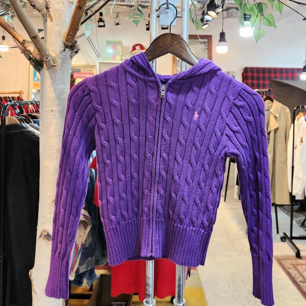 랄프 로렌 후드 꽈배기 크롭 니트  집업