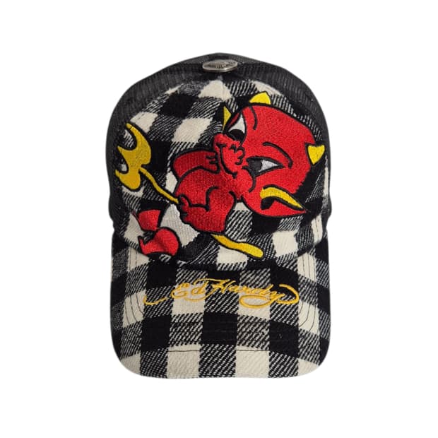 EDHARDY) 에드하디 올드스쿨 레드 데빌 자수 체크 매쉬캡