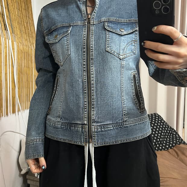 빈티지 여성 투포켓 헨리넥 데님 트러커