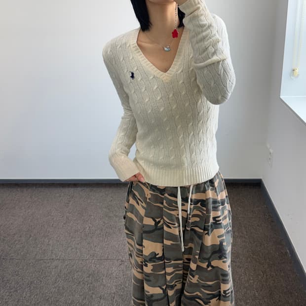 Polo 폴로 네이비 포니 아이보리 케이블 브이넥 니트