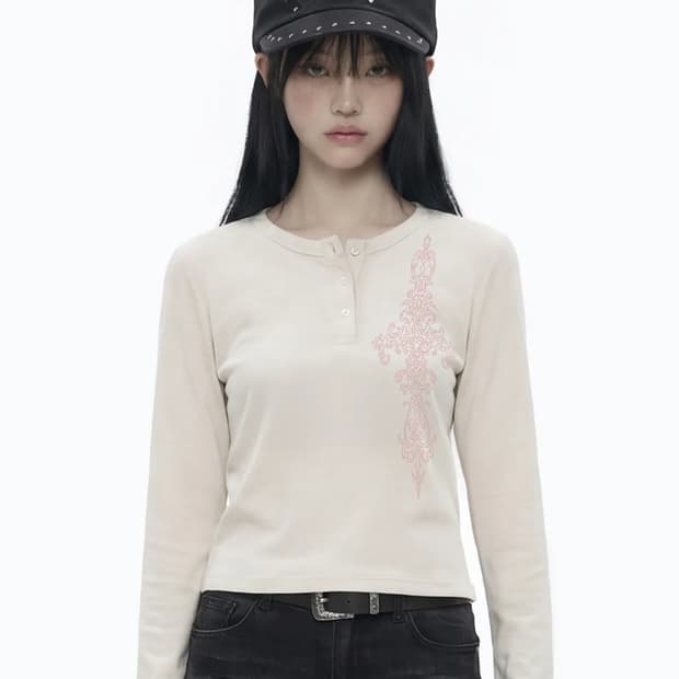 그레이버 SIM CROSS 헨리넥 롱슬리브 티셔츠 베이지 핑크