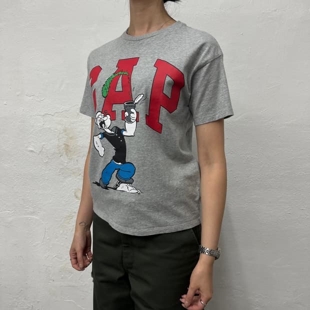 GAP x POPEYE 멜란지 컬러 양면 나염 프린트 코튼 크루넥 반팔
