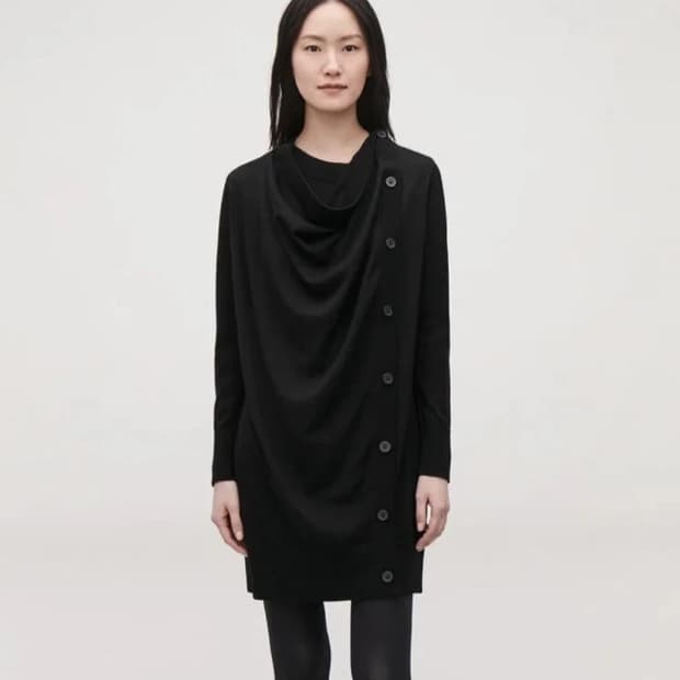 COS 여성 블랙 드레이프 메리노 울 사이드 버튼 니트 스웨터 드레스 사