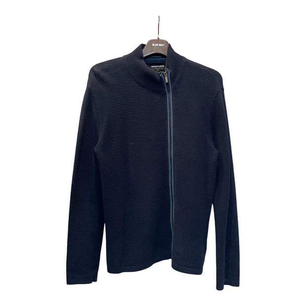 엠포리오 아르마니 니트 집업 자켓 사선 지퍼 와플 텍스처 디테일 네이비