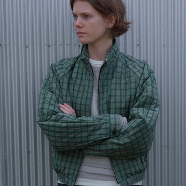 포저 레글런 슬리브 패디드 자켓 그린 체크 