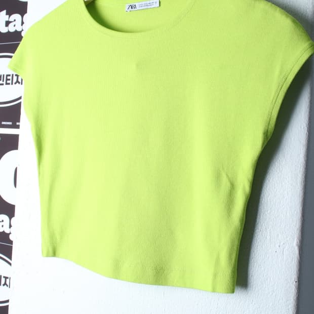 W(L-XL) 자라 반팔 티셔츠 반소매 연그린 크롭 무지-H32481
