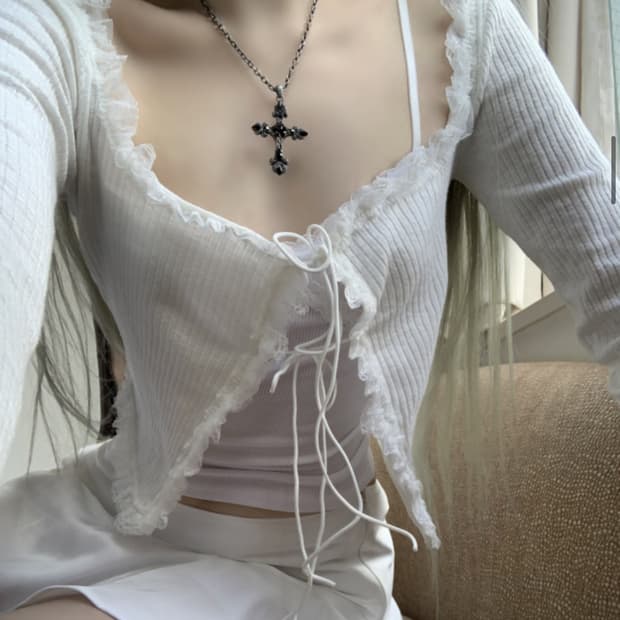 (세트로 판매) 스젠 스텔라 가디건 화이트 레이스 슬리브리스 미니스커트