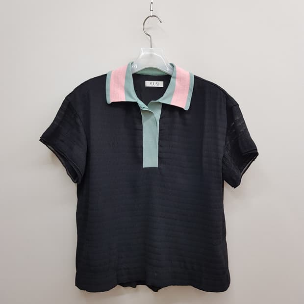 한섬 SJSJ 시스루 텍스처 배색 카라 반팔 블라우스 XS사이즈