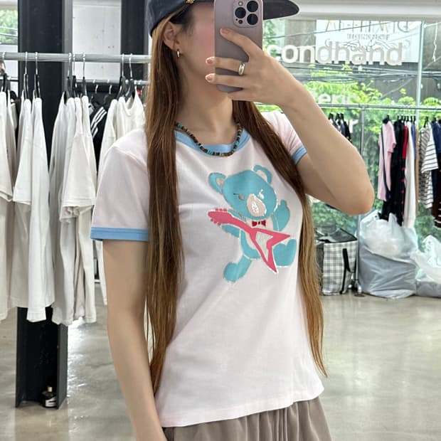 히스테릭글래머 퍽베어 반팔 링거티 스카이블루핑크