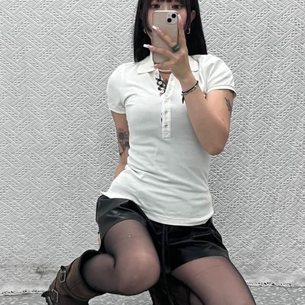 버버리 블루라벨 빈티지 노바체크 딱붙핏 반팔 카라티 38 C13828