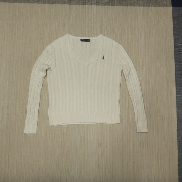 (M/66) 폴로랄프로렌 여성 브이넥 꽈배기 면 니트