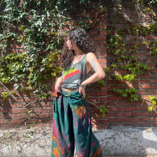 그린 타이다이 와이드 랩 팬츠