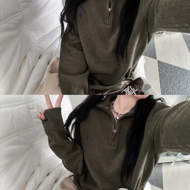 폴로 랄프로렌 카키 코튼 하프집업 