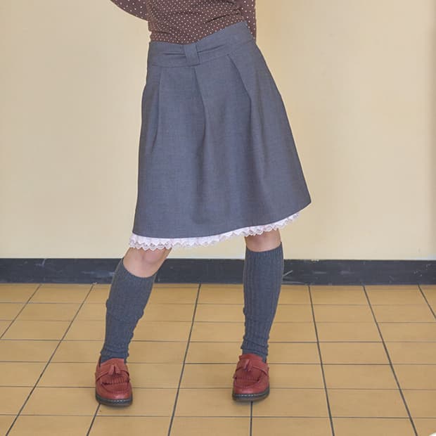 샤키리 Bow Wool Lace Skirt_Grey 미디 스커트 