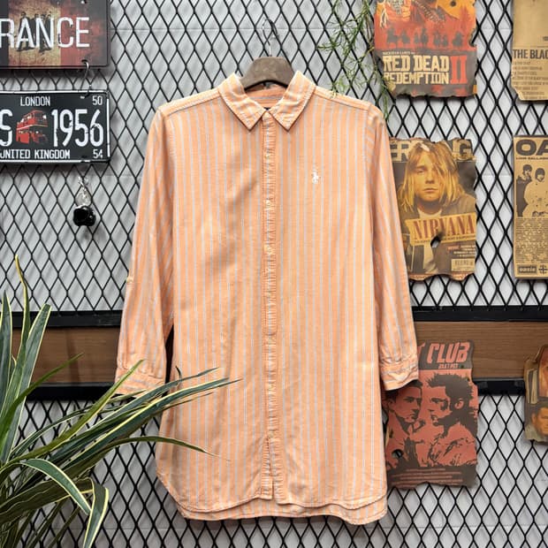 폴로 랄프로렌 스트라이프 긴팔 셔츠 화이트 포니 로고 포인트 오렌지