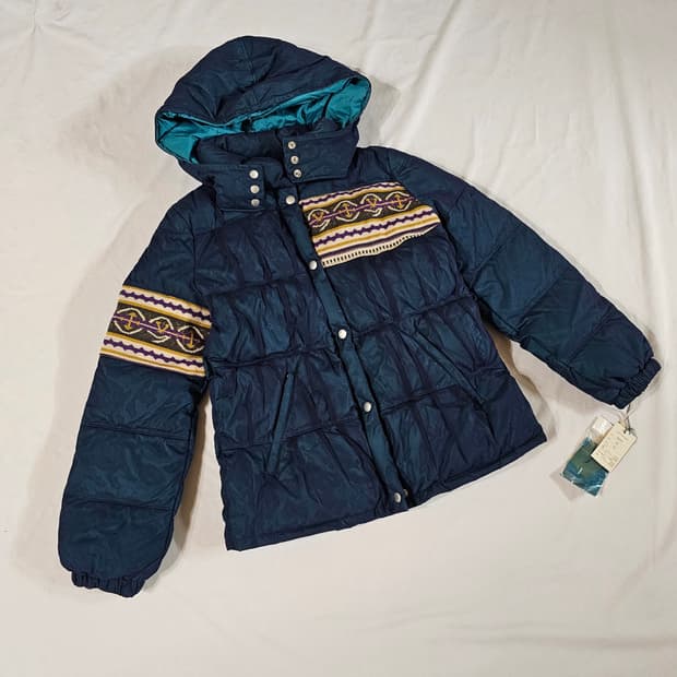 [40] 일본 빈티지 레트로 니트 배색 튤 메쉬 레이어드 패딩 다운 점퍼