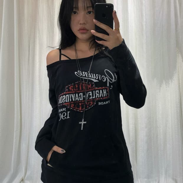 할리데이비슨 블랙 오프숄더 프린팅 롱 슬리브