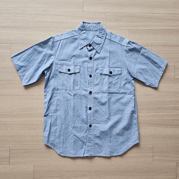 95 M ) 마린버튼 반팔 셔츠 연청 라이트블루 워싱 마린룩