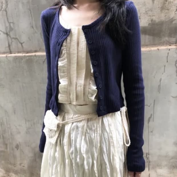 새상품) 그린씨 코튼 골지 유넥 가디건 네이비