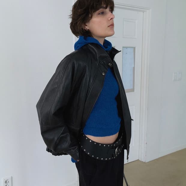 레이브 하이넥 레더 블루종 자켓