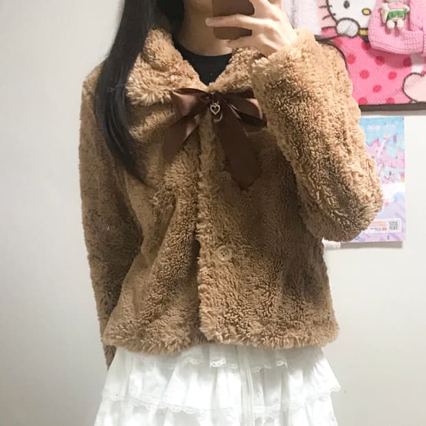 빈티지 브라운 라떼 퍼 리본 보석 코트 히메갸루 로걀 리즈리사깔 모리걸