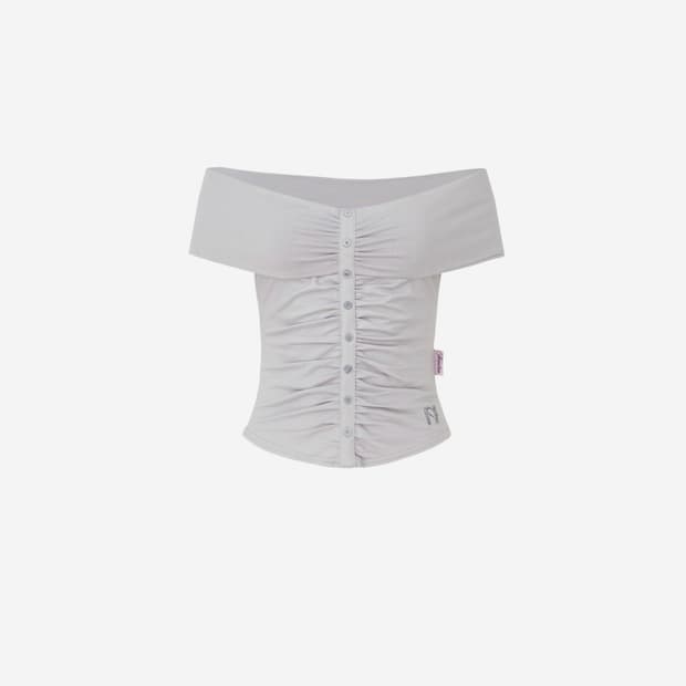 뉴얼린 버튼 셔링 오프숄더 탑