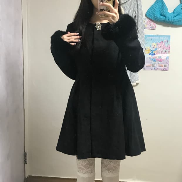 빈티지 잉그니 블랙 퍼 보석 코트 히메갸루 로걀 라떼 일본 발레코어 고딕