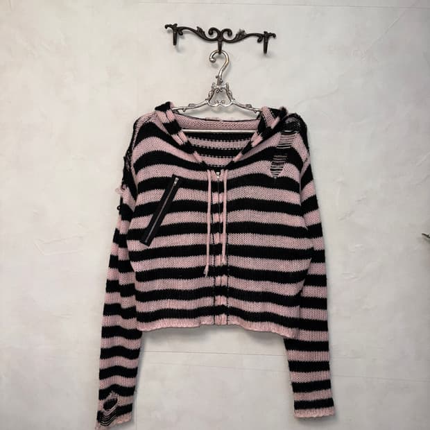 Black pink stripe grunge damage 후드집업
