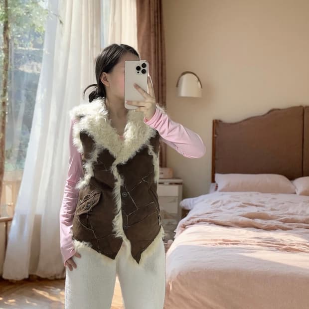 빈티지 커피브라운 양털 토스카나 양가죽 조끼 베스트