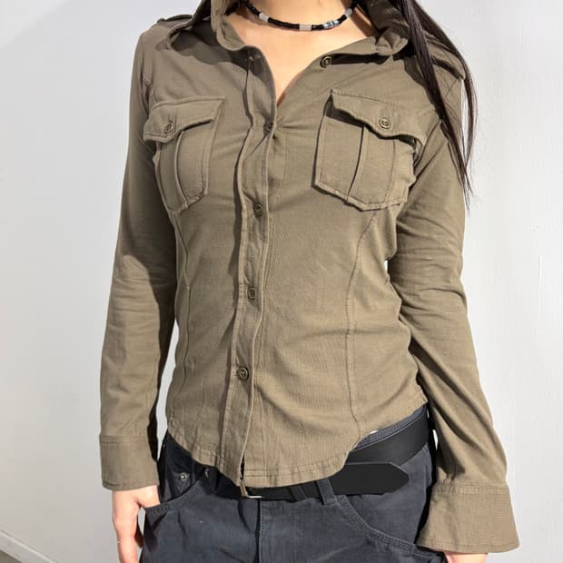 y2k Prmuno 카키 면 셔츠