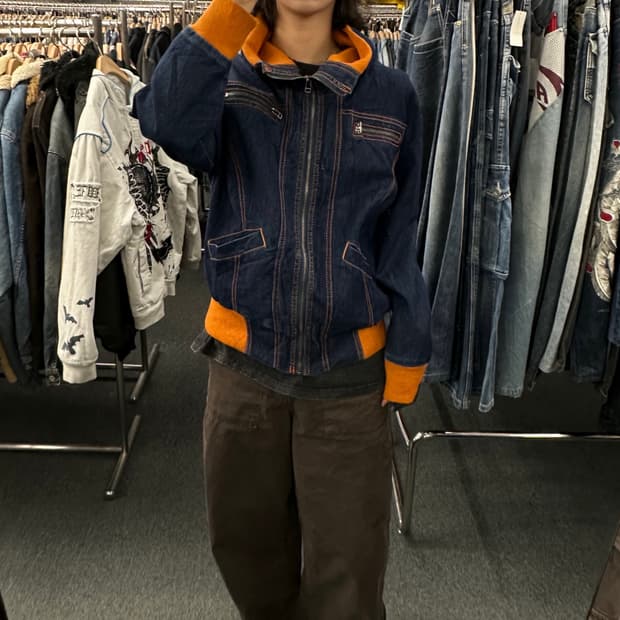 OS)Sweet Vibes 빈티지 배색 하이넥 집업 데님자켓