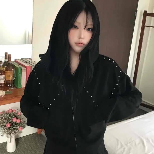 시크 스터드 후드집업 그레이 갸루 힙 집업 루즈핏